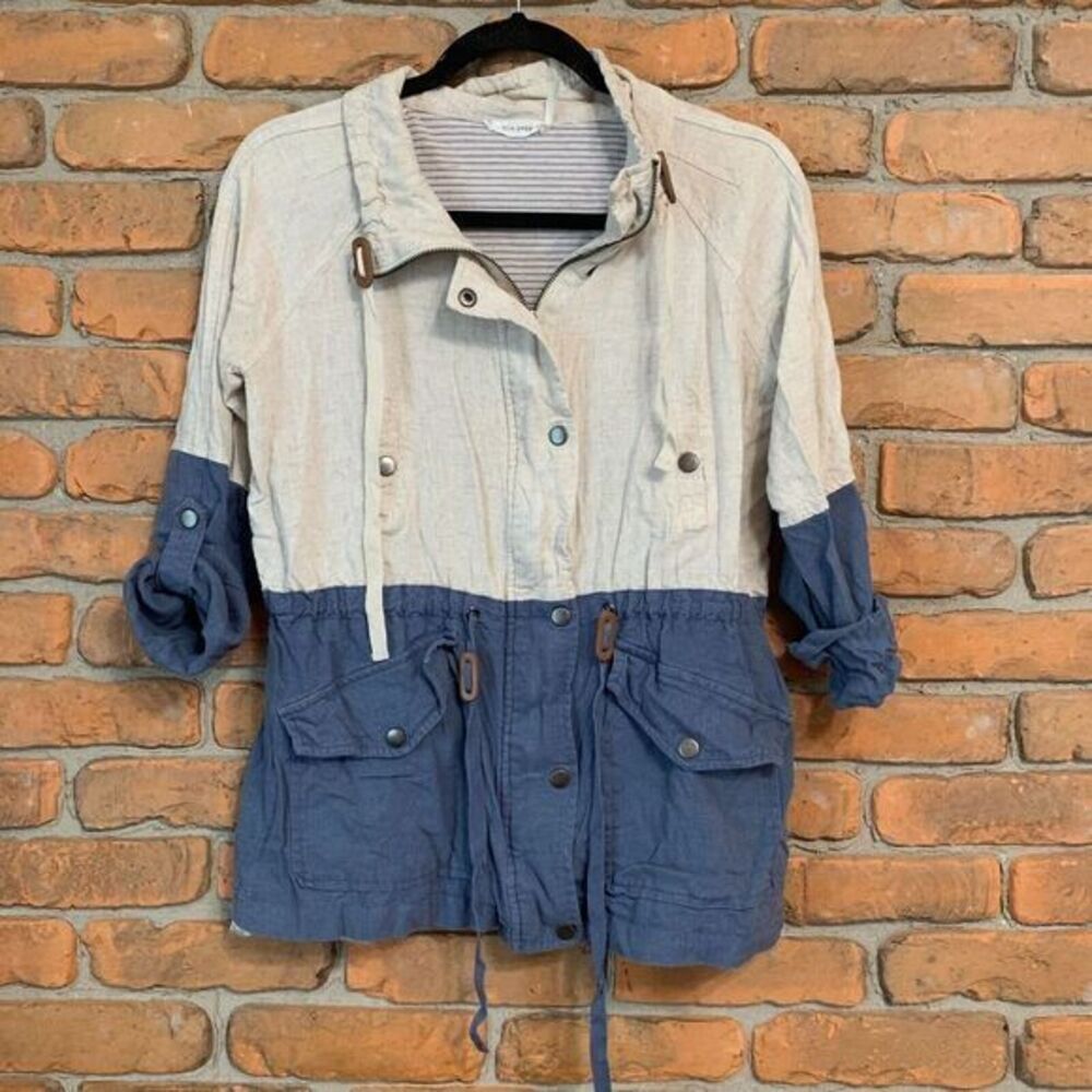 Blu Pepper Womens Colorblock Linen Blend Utility Jacket Blue Cream‎ Small BA4790